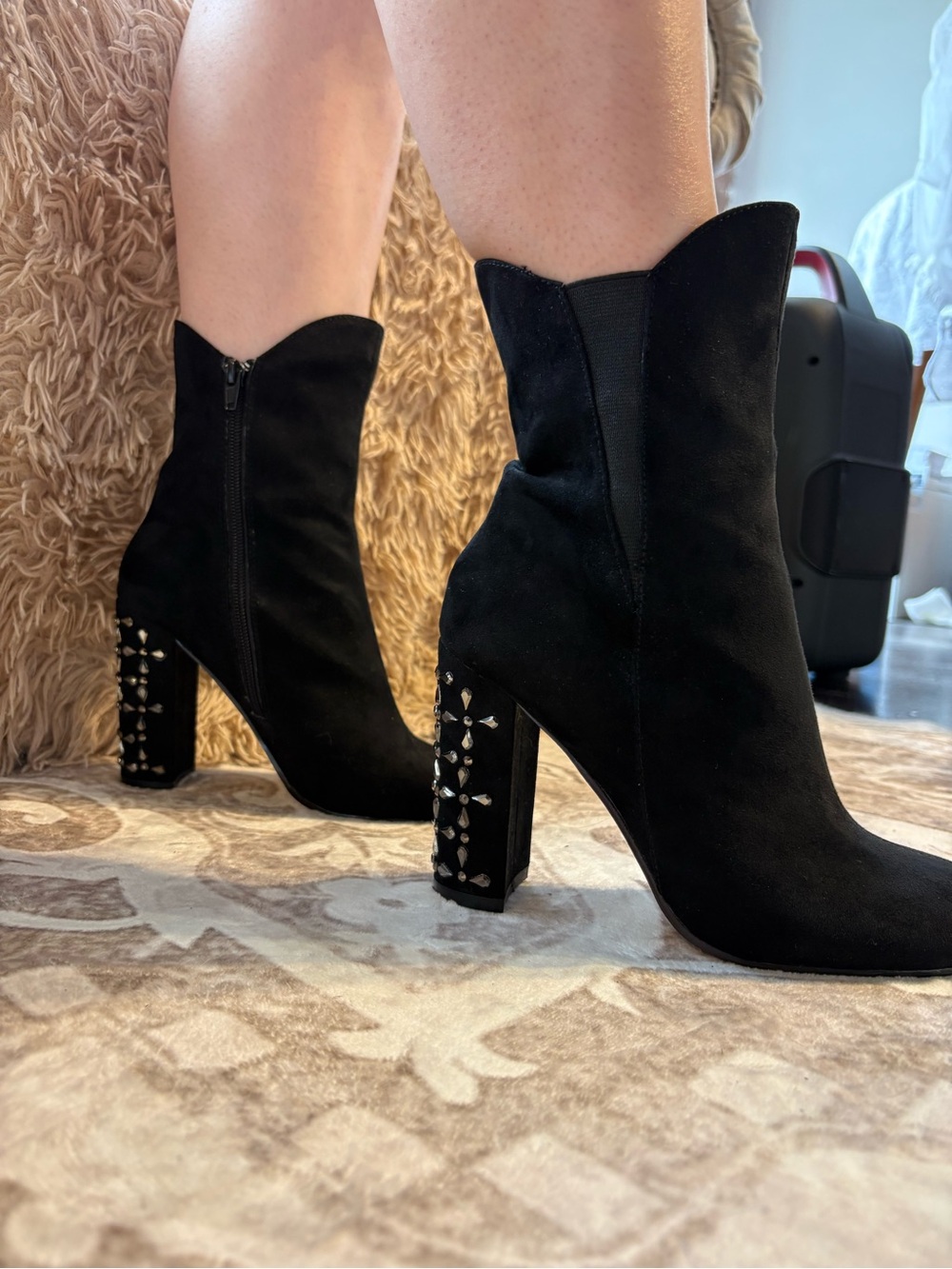 Badgley Mischka Black Suede Ankle Boots with Studded Block Heel